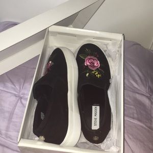 Black, floral Steve Madden slip-on sneakers